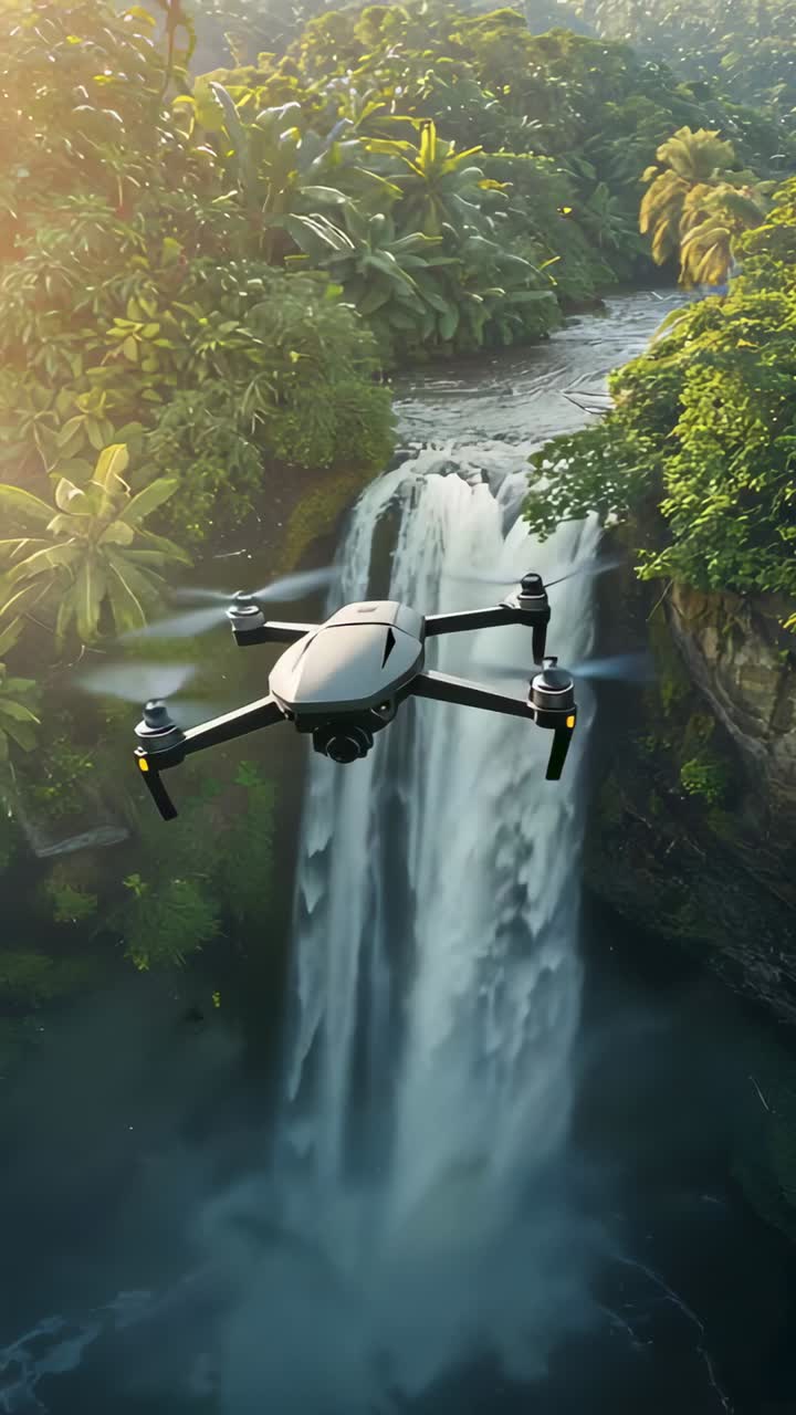 Vertical video: Hovering drone spinning props and gimbal filming waterfall at gorge, nearing mist
