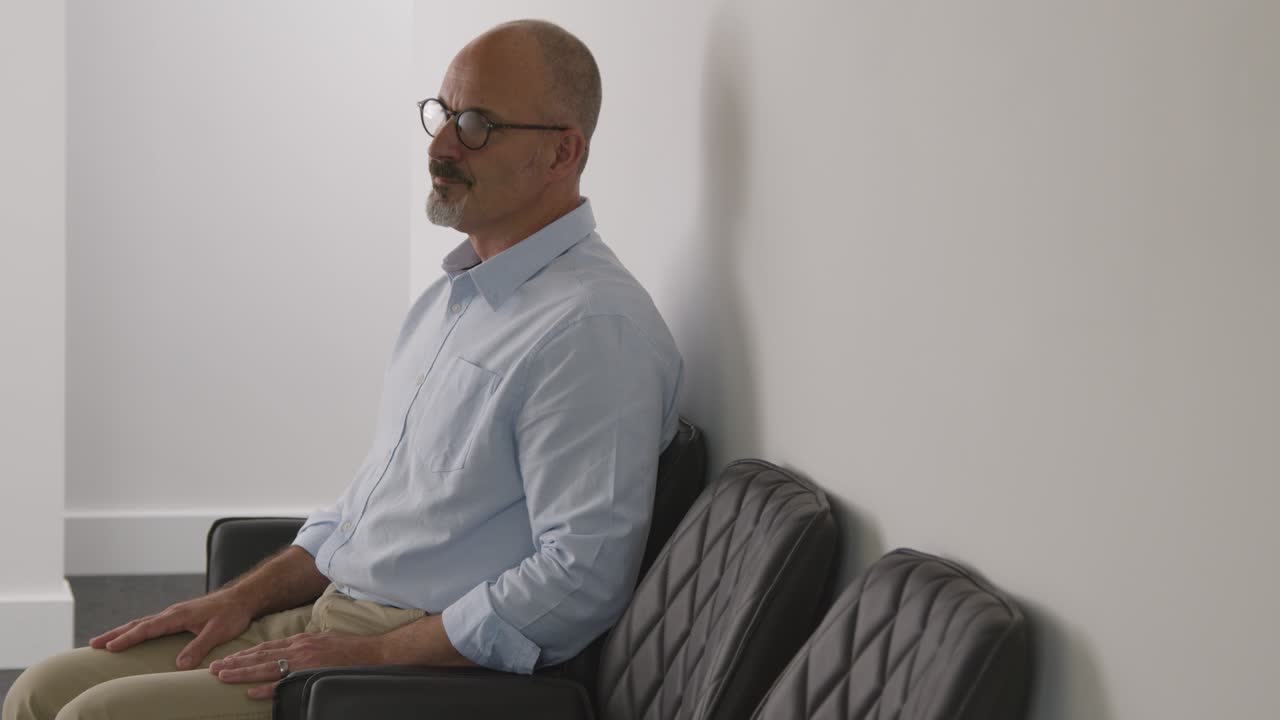 ⁇  코트를 입은 여성 의사가 수술실이나 병원 대기실 3에서 성숙한 남자를 불러서 약속합니다.