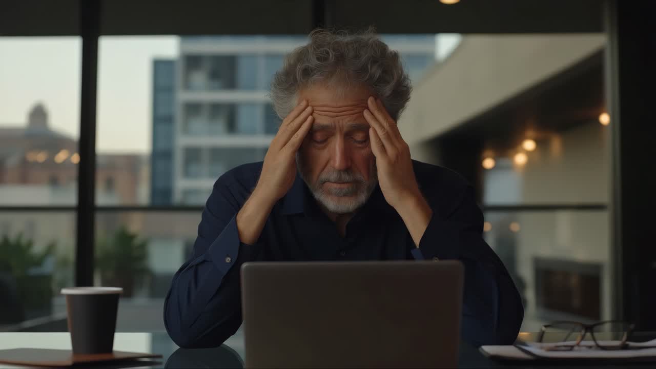 uomo stressato che lavora al portatile