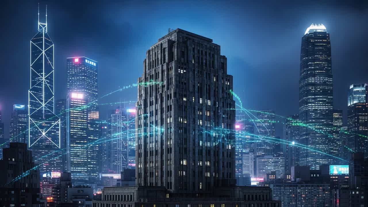 A Captivating Nightscape Featuring an Iconic Building Surrounded by Luminous Skyscrapers and Vibrant Digital Connections, Showcasing Urban Innovation and Technology