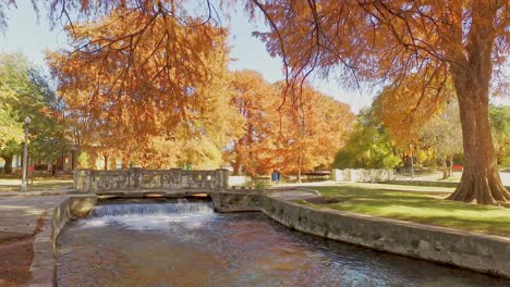 River-flowing-from-bridge-in-park-with-white-water-showing-as-it-drops-to-lower-level-and-becomes-a-calm-river