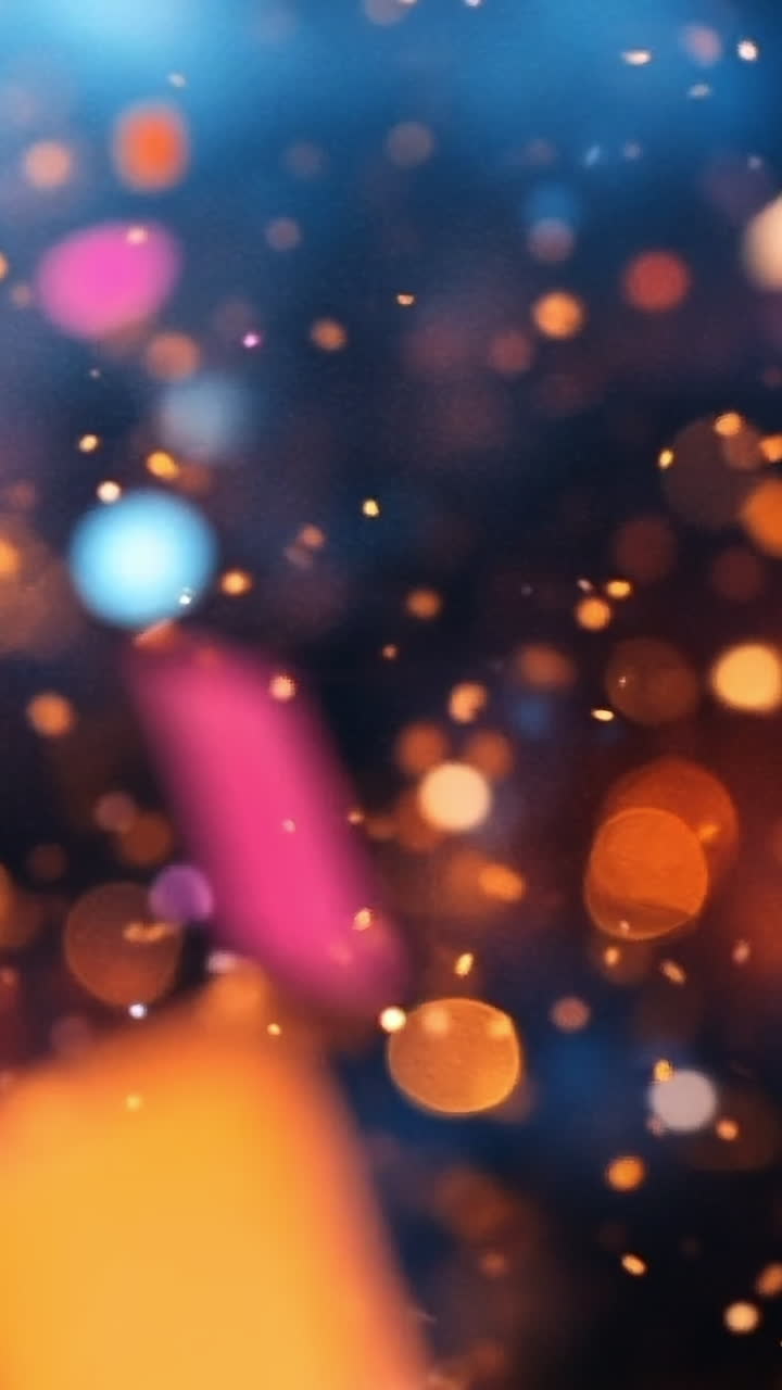 Confetti falls at celebration. Bright confetti pieces float through the air, creating a festive atmosphere during a lively celebration at night.