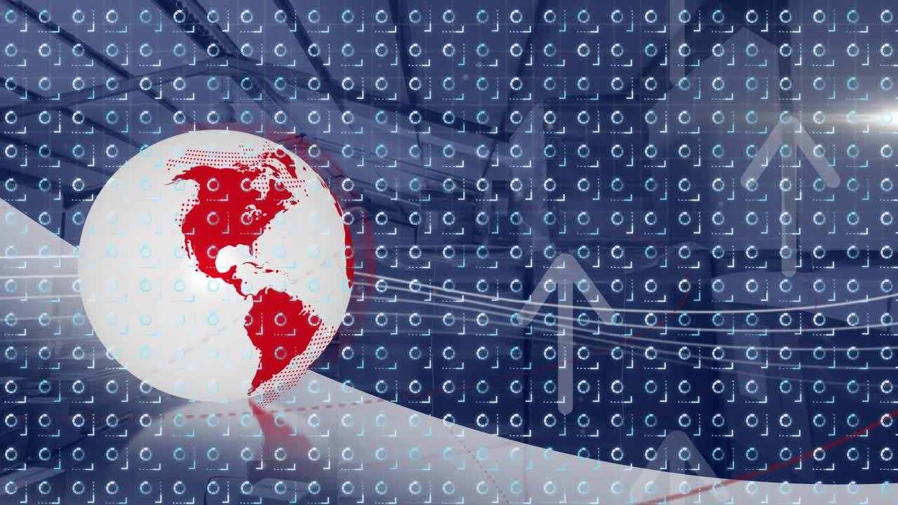 지구 위에서 반복적인 움직임으로 움직이는 패턴의 애니메이션과 배경의 화살표