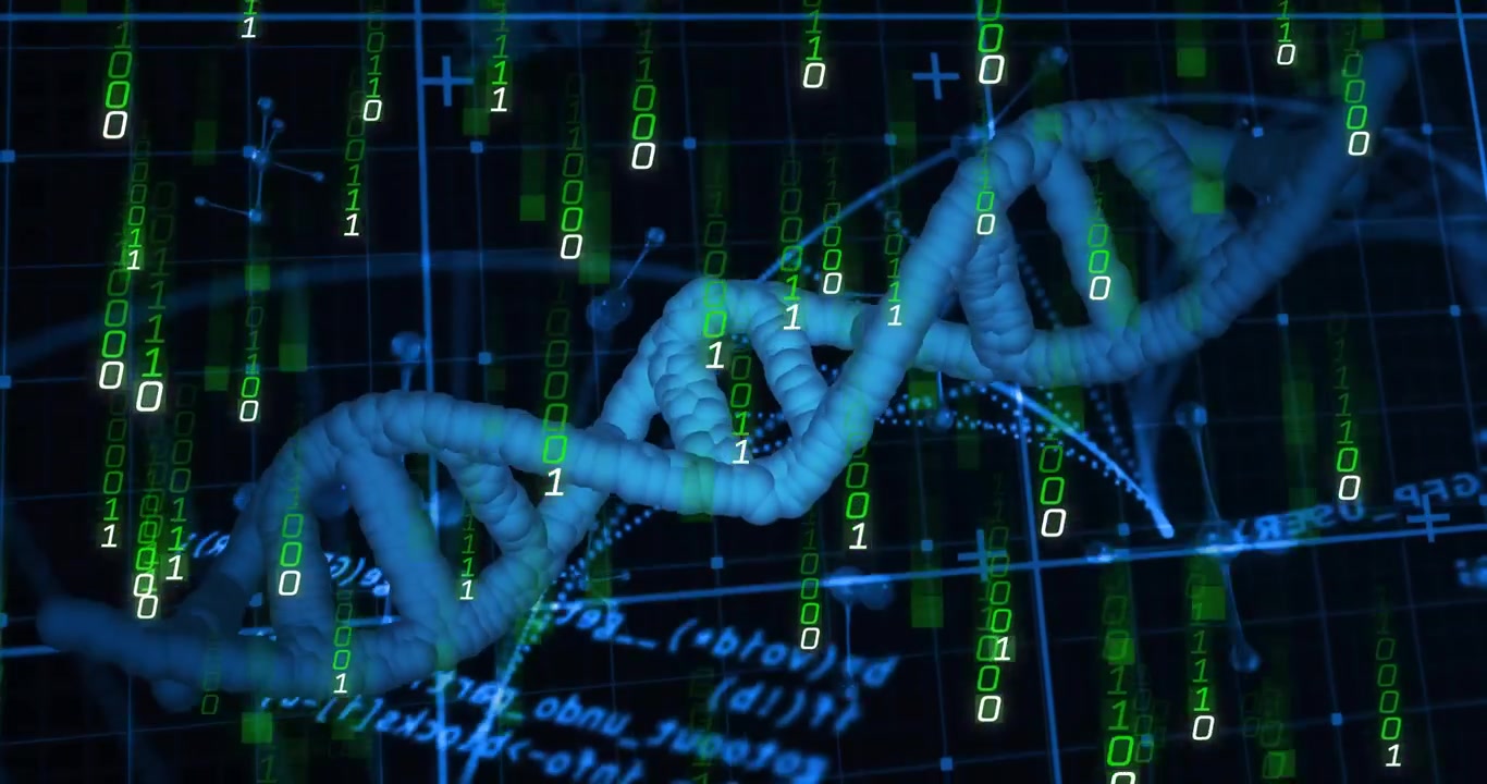 At 2-second mark binary code raining, 3D DNA helix rotating, nodes fading, visualizing genetic data