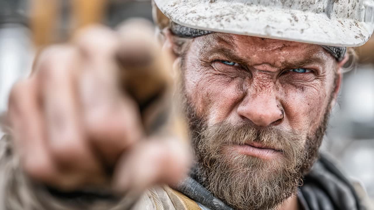 Determined Construction Worker Expressing Authority and Focus Amidst a Dynamic Work Environment, Showcasing Grit and Dedication Through Intense Facial Expression and Body Language