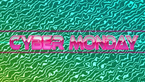 Animation-of-cyber-monday-text-in-pink-metallic-letters-over-glowing-green-to-blue-waving-lines