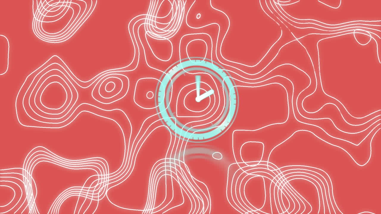 animación del reloj sobre el patrón de neón en fondo rojo