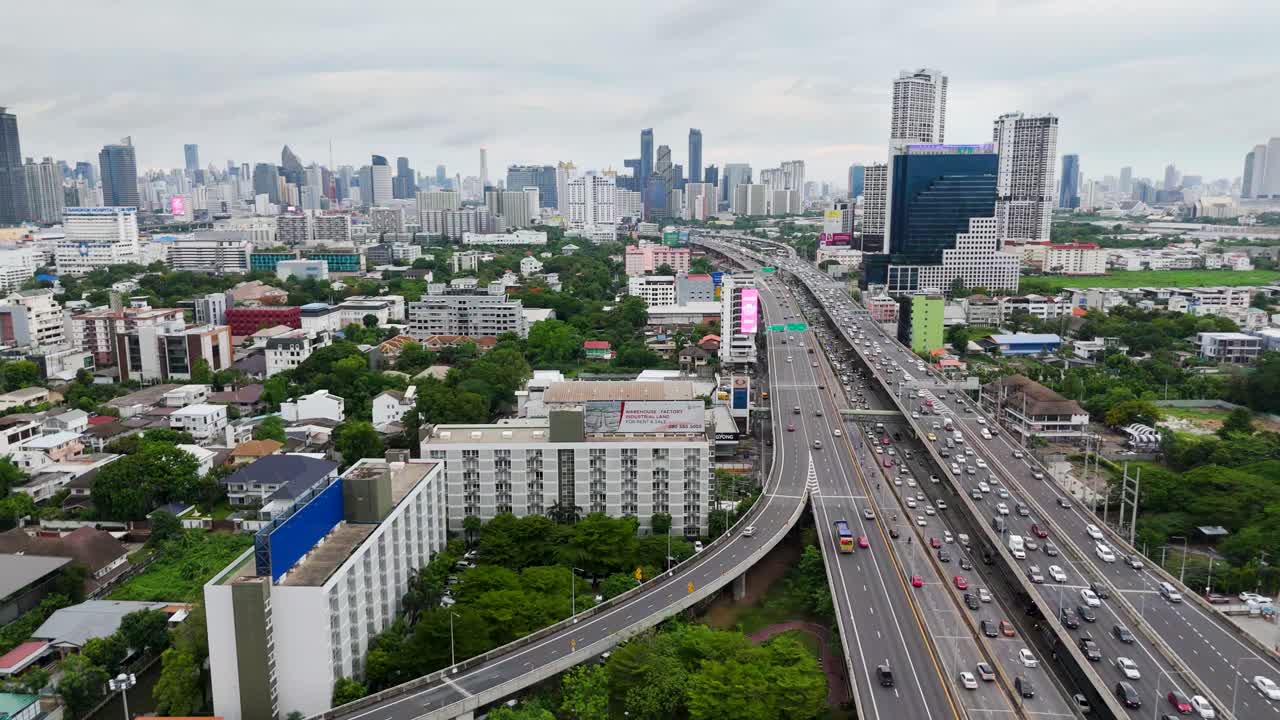 Wide Angle Aerial View Bangkok Bang Kapi District With Expressways and Skyscrapers on Cloudy Day