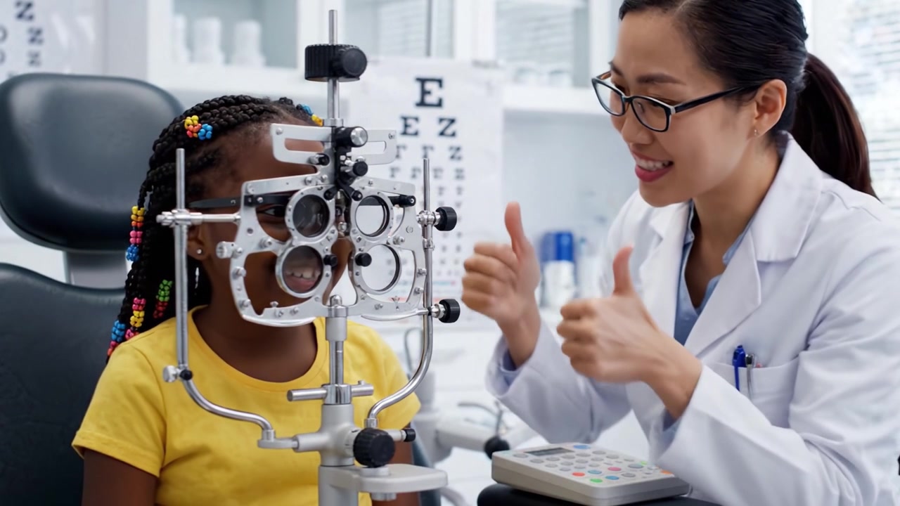 En omsorgsfull synsundersøkelse: Et barn som gjennomgår synstesting med en profesjonell optiker i et lyst, vennlig klinikkmiljø.
