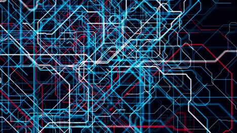 abstract background with bended colorful pipes isolated on black background, seamless loop. animation. flying along pipelines network, industrial 3d animation.