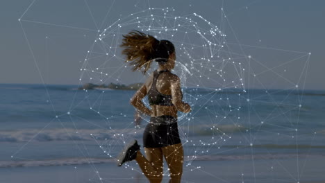 animation of networks of connections with globe over caucasian woman running on beach