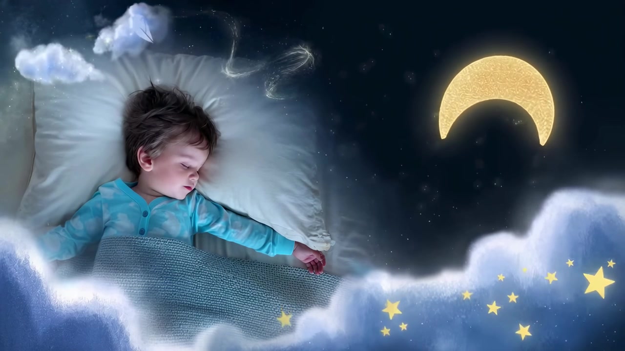 Little Boy Sleeping Peacefully in Bed Under a Magical Night Sky