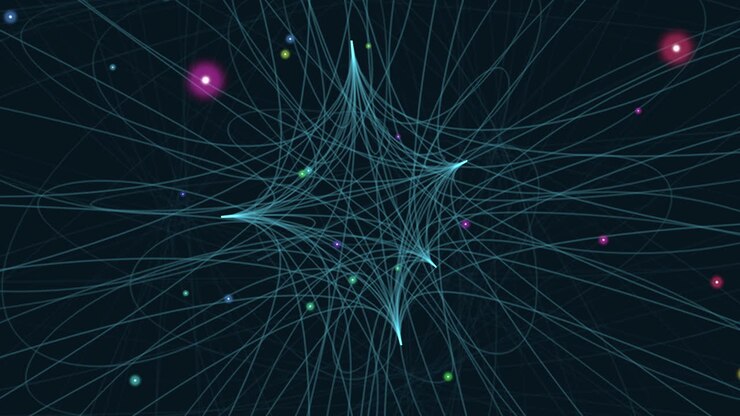 Futuristic abstract visualization of interconnected glowing lines and particles on a dark background, evoking data flow, neural networks, quantum connections and digital communication concepts