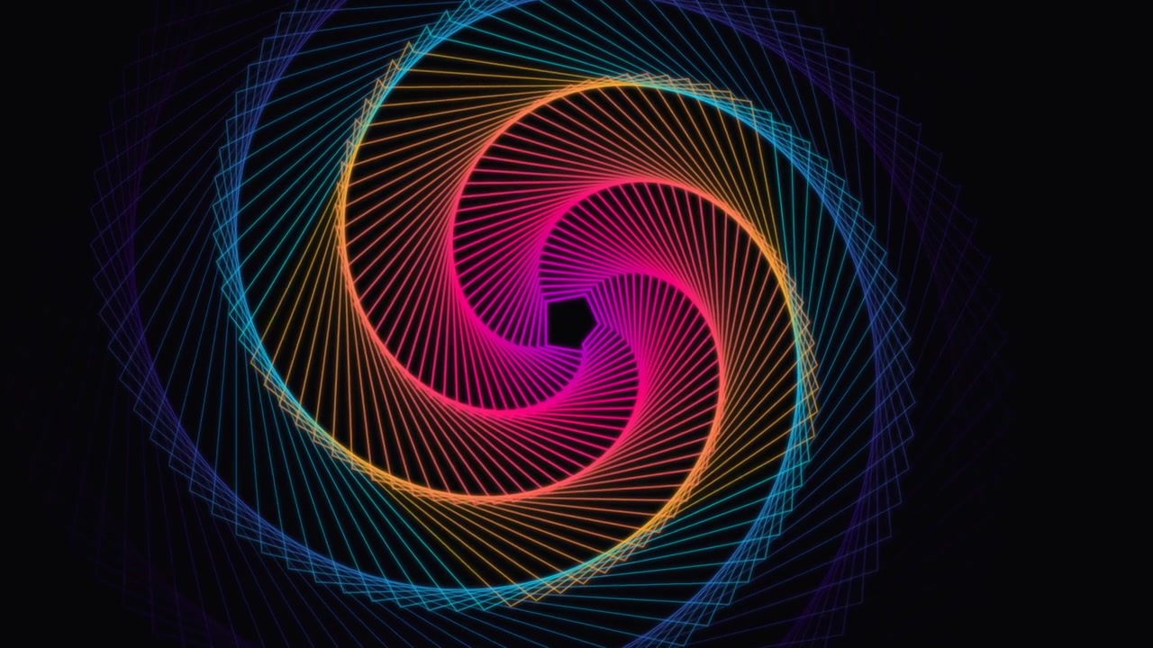 Abstrakti pyörivä geometrinen spiraali neonvärisillä liukuvärjätyillä viivoilla