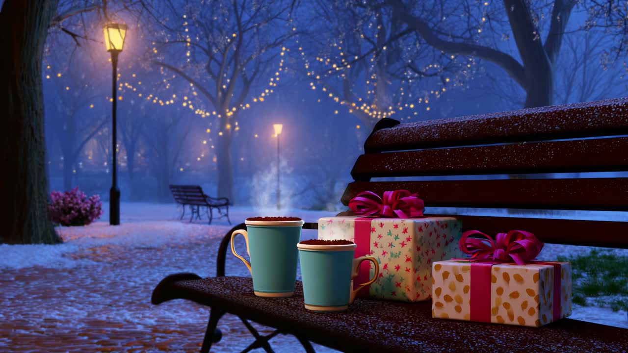 A Cozy Winter Evening in the Park: Warm Beverages and Gift Packages Create a Festive Atmosphere as Twinkling Lights Illuminate the Snowy Path and Benches for a Magical Holiday Experience