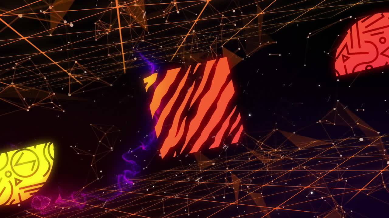 Animating geometric shapes and lines over abstract background with red patterned circle