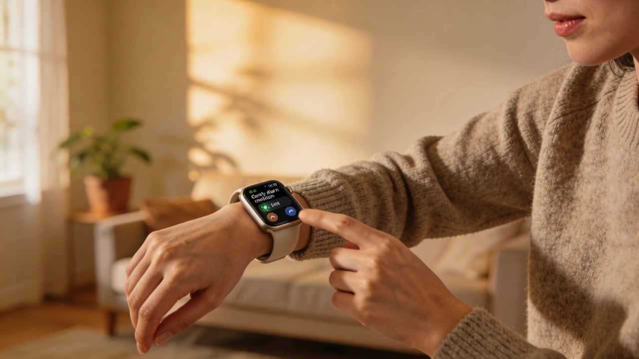 Tapping adult woman in knit sweater navigating smartwatch after summary prompt in living room