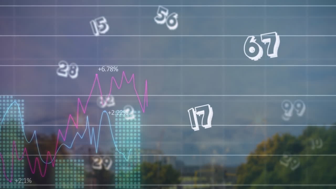 Animazione dell'elaborazione di dati finanziari su un paesaggio urbano