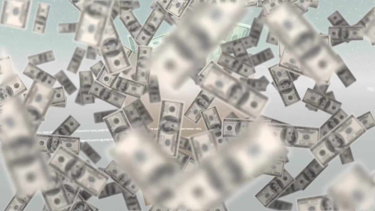 animación de dólares flotantes sobre una bolsa con dinero