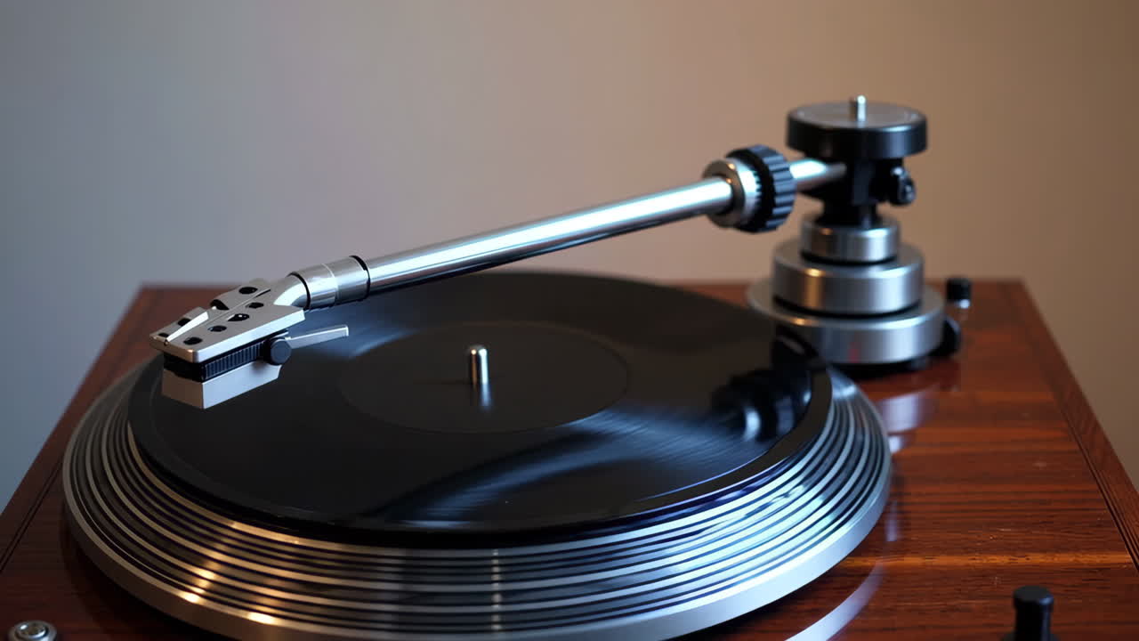 Close-up of a Vintage Record Player with Vinyl Record