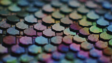 close-up view of iridescent, hexagonal patterned scales