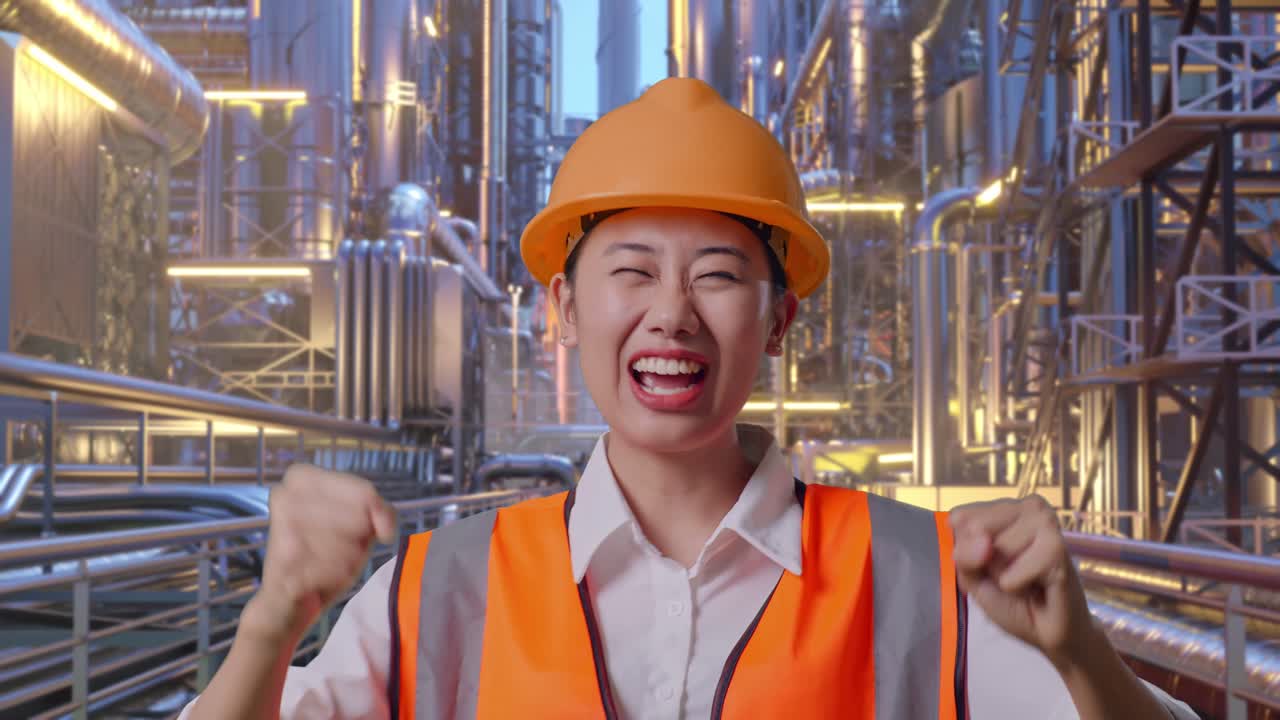 Close Up Of Asian Female Engineer With Safety Helmet Screaming Goal And Dancing Celebrating At A Vast Oil Refinery