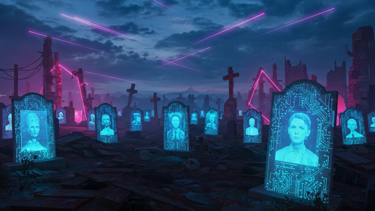A Futuristic Graveyard Surrounded by Neon Laser Beams, Featuring Holographic Tombstones with Digital Portraits, Set Against a Dystopian Landscape Under a Dramatic Sky
