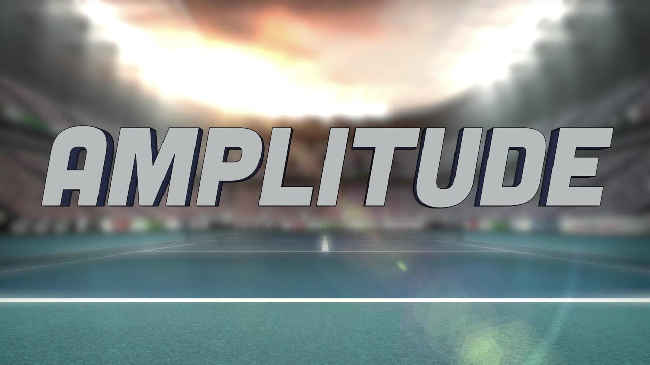 Camera blurring, 3D text AMPLITUDE sliding to center on sports court, lens flares emphasizing depth