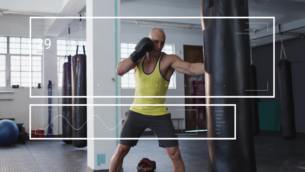 Man practicing on heavy bag in gym, shifting weight and jabbing for training, HUD metrics tracking