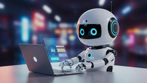 an engaging robot interacting with a laptop displaying ai features in a futuristic environment, showcasing technological innovation and advancements in robotics