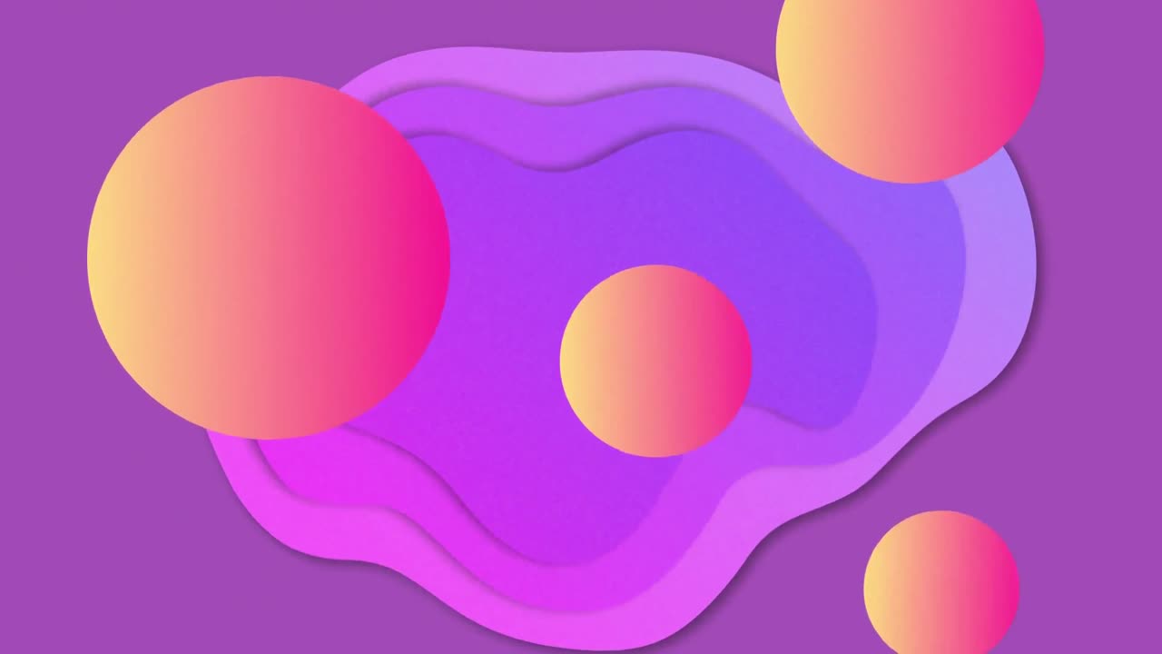 Animation of pink to orange gradient spheres and flowing splashes of colour moving on purple backgro