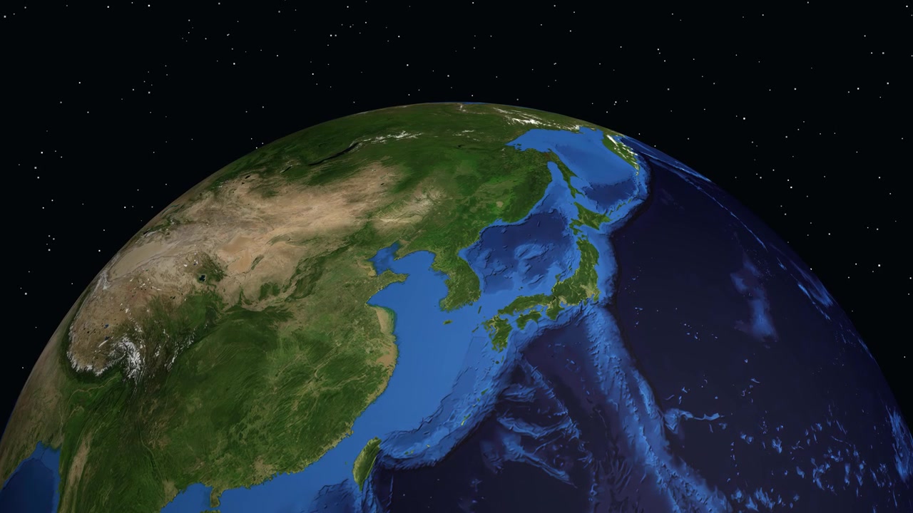 旋轉地球動畫從太空拉近至北韓元山，並疊加資訊性數碼數據。