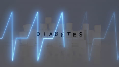 animation of cardiograph over bricks with diabetes text on grey background