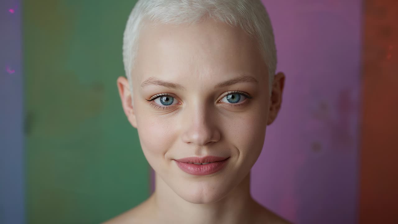 Smiling buzzcut woman responding to cue, blinking and holding gaze at color panels, bare shoulders