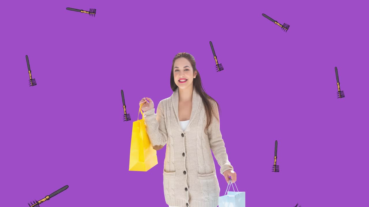 보라색 배경에 마스카라 아이콘과 모델의 애니메이션