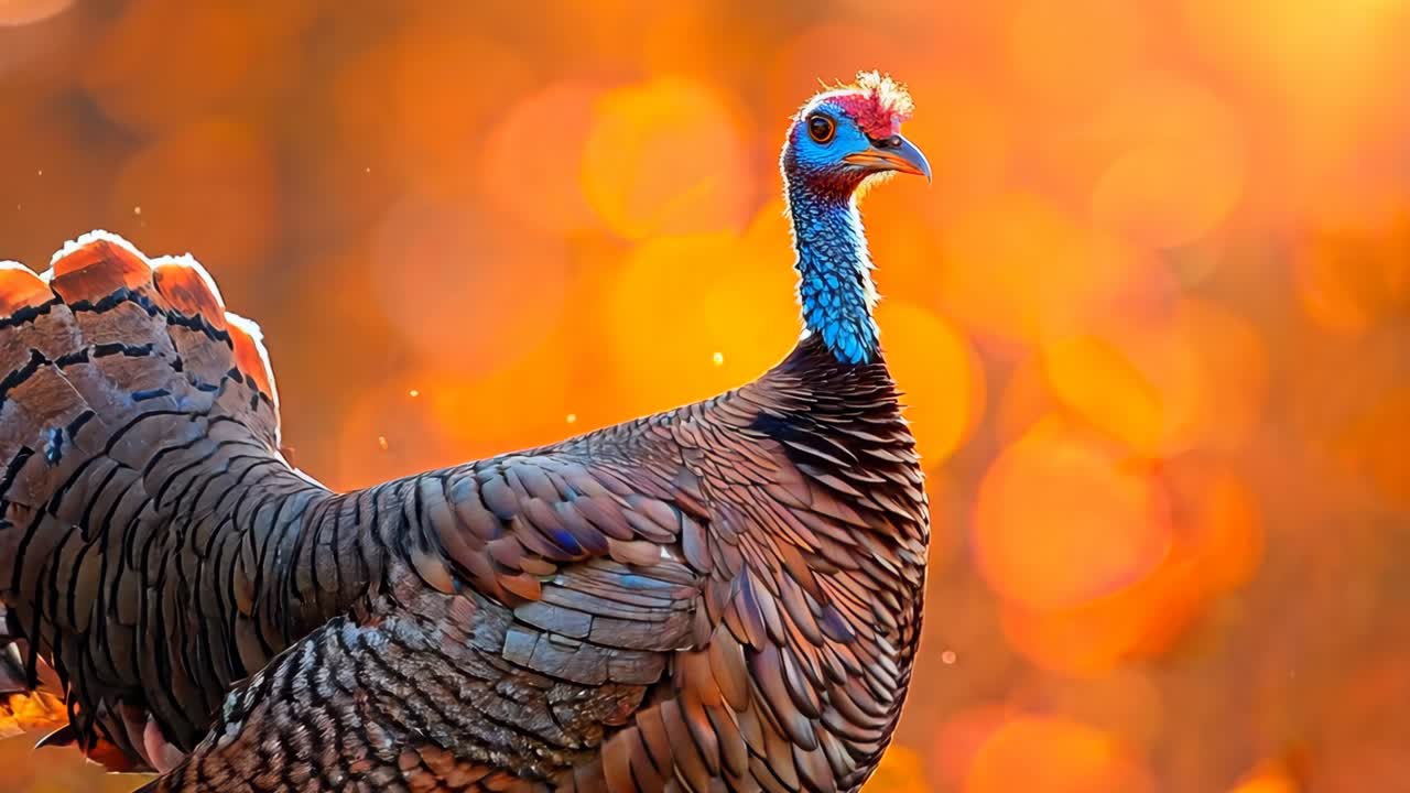 A turkey with a blue beak stands in a field of autumn leaves. The turkey is surrounded by a beautiful orange and yellow landscape, creating a warm and inviting atmosphere