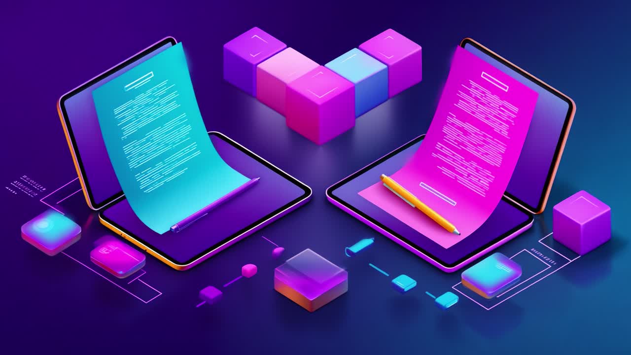 Digital Document Workflow with Colorful Tablets and Abstract Blocks Representing Information Transfer and Modern Communication Technology in a Vibrant Virtual Environment