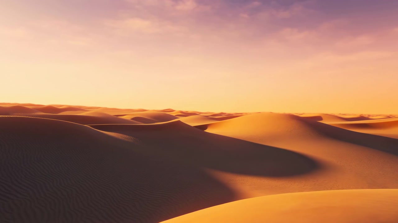 Ampio paesaggio desertico con dune di sabbia ondulate nella calda luce del tramonto. Una grande duna scura riempie il primo piano mentre creste illuminate dal sole si estendono verso l'orizzonte, creando una scena arida e tranquilla con lunghe ombre e tenui tonalità dorate
