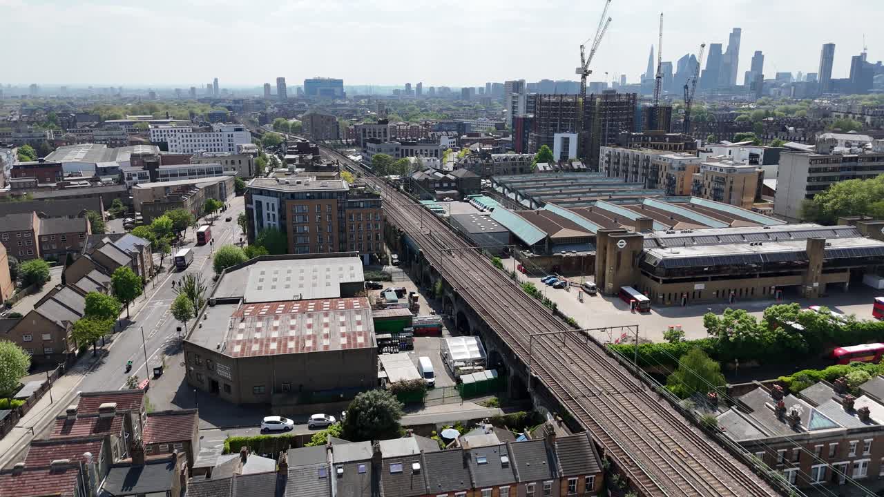 Liverpool Street Railway line and London bus depot drone,aerial UK