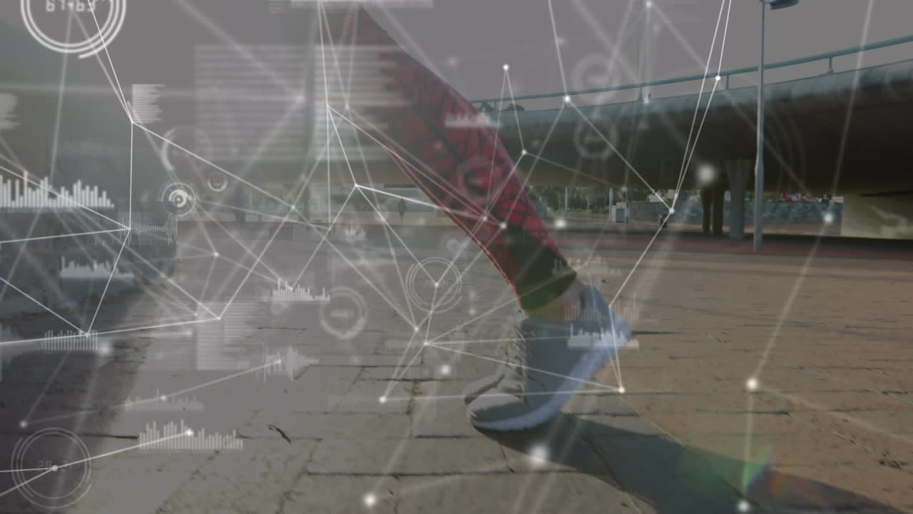 Animation of network of connections and data processing over woman exercising