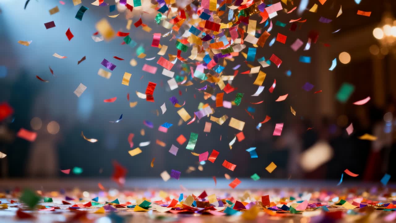 Una colonna centrale di coriandoli che viene rilasciata per celebrare un evento, verso il pavimento sotto un riflettore, con ospiti in abito formale.