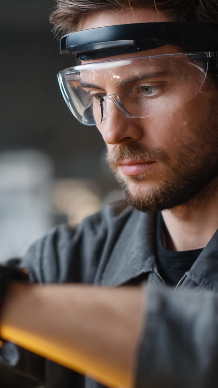 Focused Craftsman Wearing Safety Glasses and Headgear, Concentrating on Precision Work with Tools in a Workshop Environment