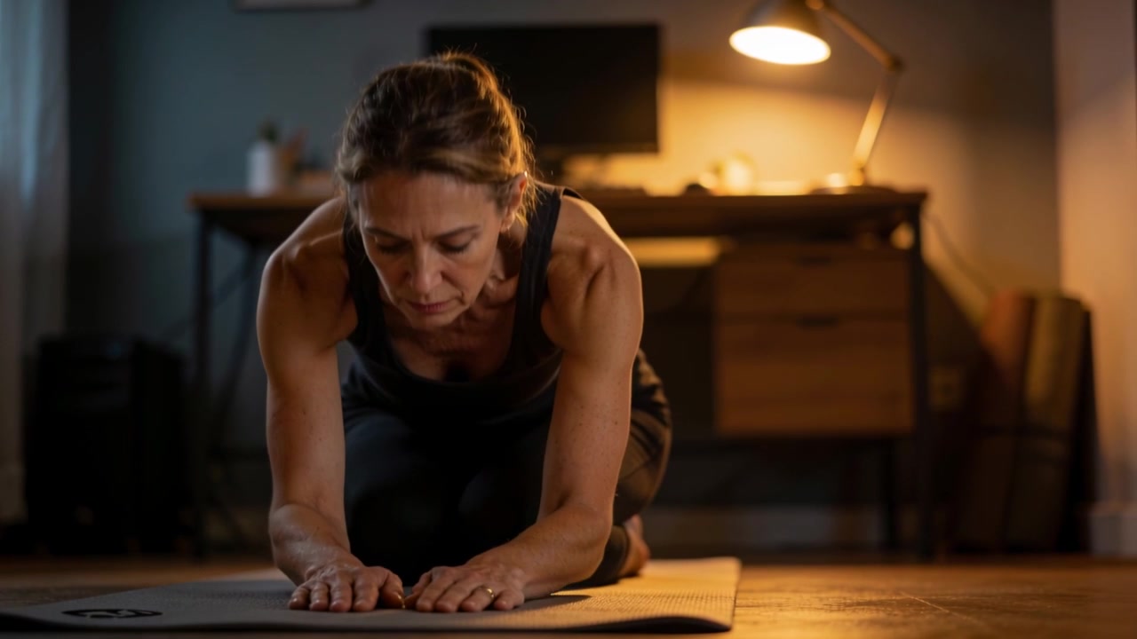 Woman in black tank leggings beginning cooldown, lowering into forearm stretch on yoga mat at home