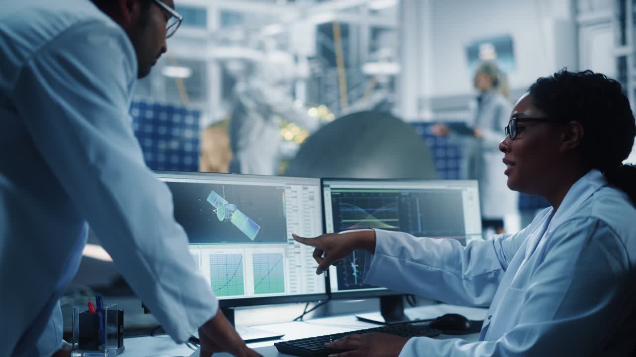 Managing Engineer and Chief Technician Working on Satellite Construction, Talk, Use Computer. Aerospace Agency Manufacturing Facility: Scientists Assemble Spacecraft for Space Exploration Mission