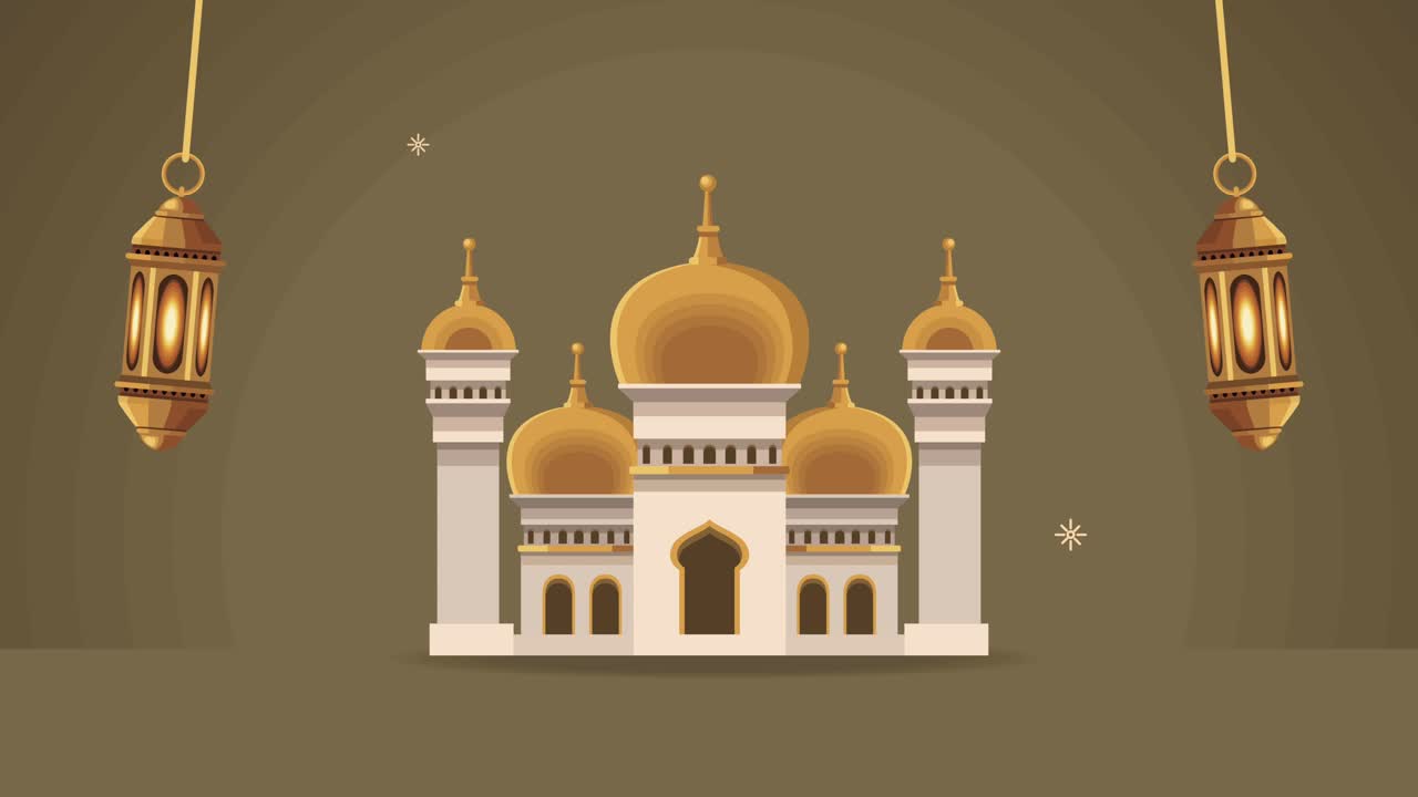 animación de ramadan kareem con templo de la mezquita y lámparas