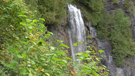 The-Chute-Ã -PhilomÃ¨ne-waterfall-flowing-behind-trees-in-Gaspesie-in-Quebec,-Canada-during-summer