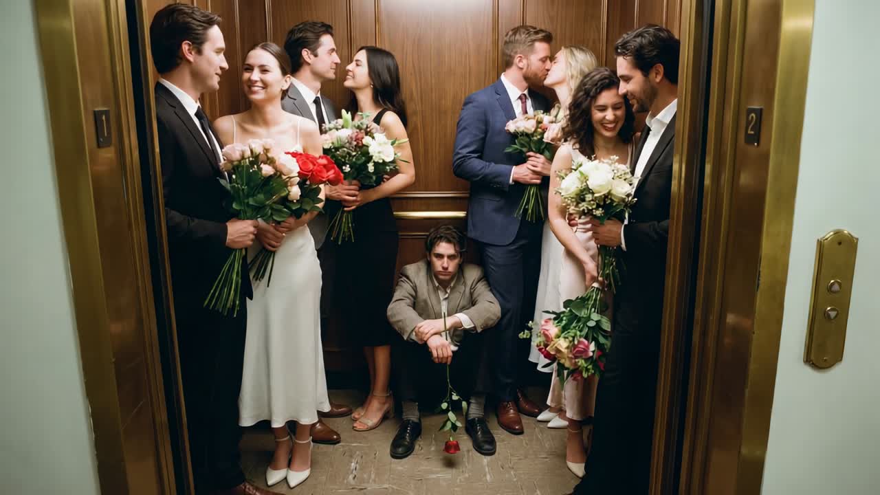 Ascensore affollato per un matrimonio, festa formale con persone che tengono bouquet, si baciano mentre un uomo seduto tiene una rosa rossa