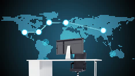 animación del escritorio con una computadora sobre el mapa del mundo