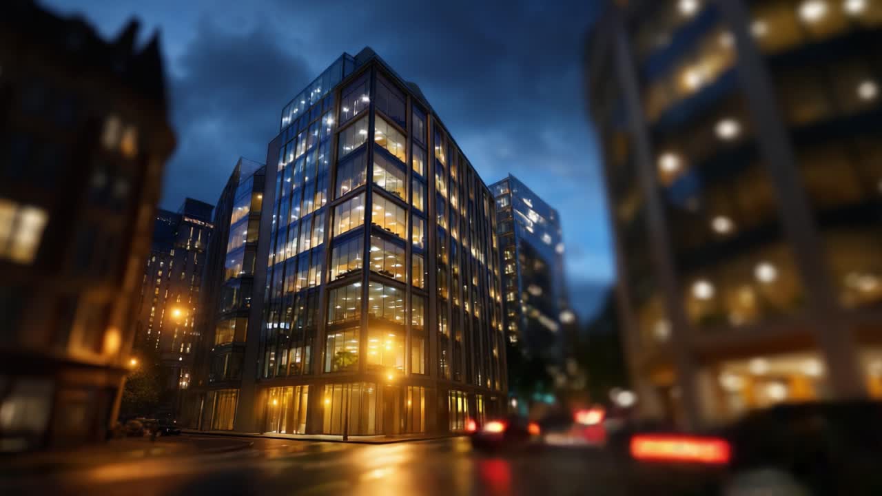 Moderni grattacieli di vetro illuminati di notte, che mostrano eleganza architettonica, vivacità cittadina e la bellezza dei paesaggi urbani sotto un cielo crepuscolare