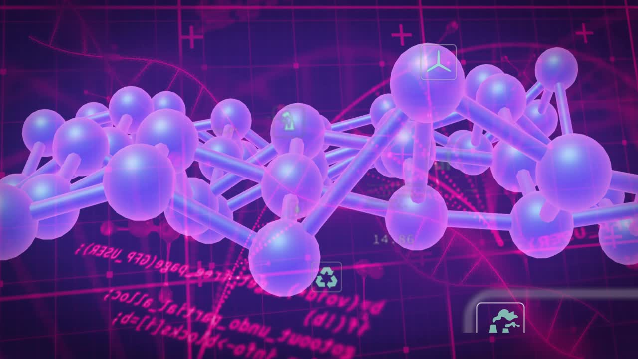 Neon lattice pulsing, rotating while camera panning right, icon highlight causing eco data display